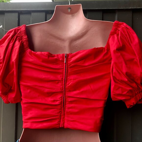 NWT Mango Red Puff Sleeve Ruched Crop Top – Size S – Organic Cotton - Picture 4 of 8